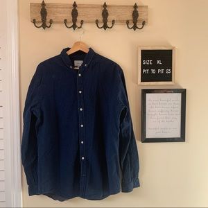 Frank +Oak Denim Blue Button up with Orange thread